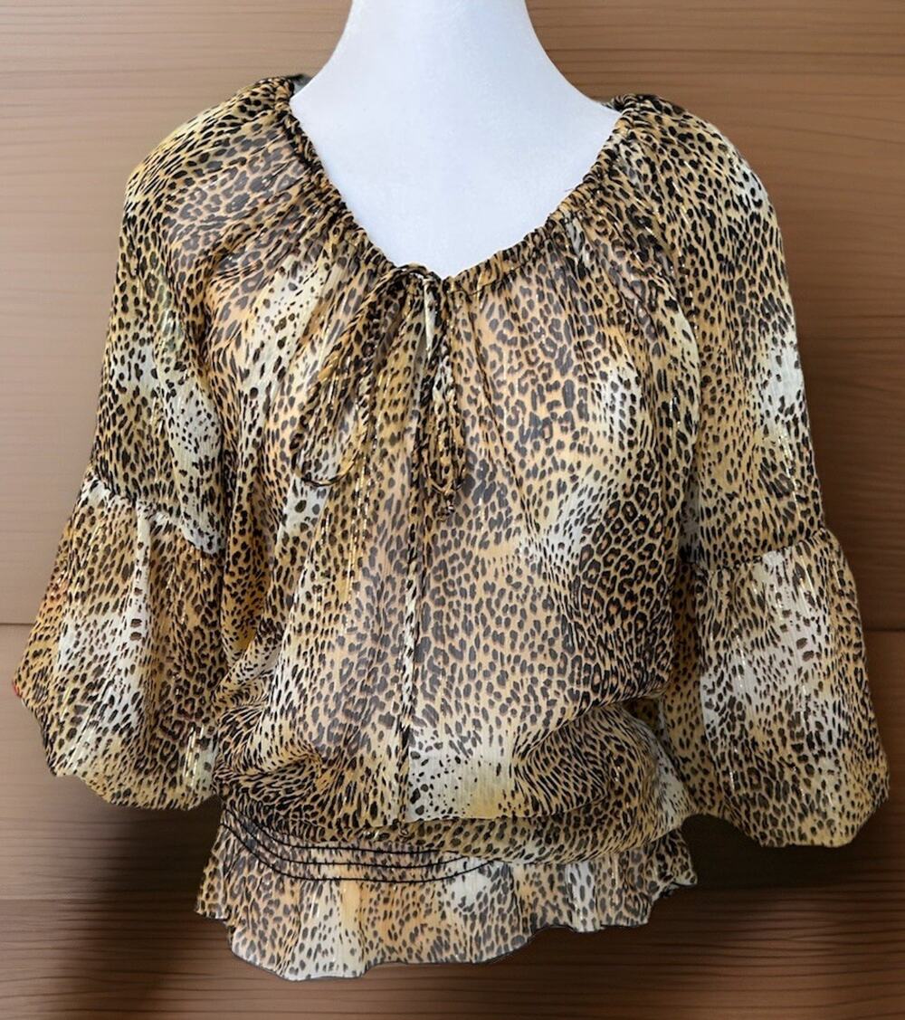 VTG Joseph Ribkoff Top Womens 8 Multicolor Animal Print Metallic Smocked Blouse